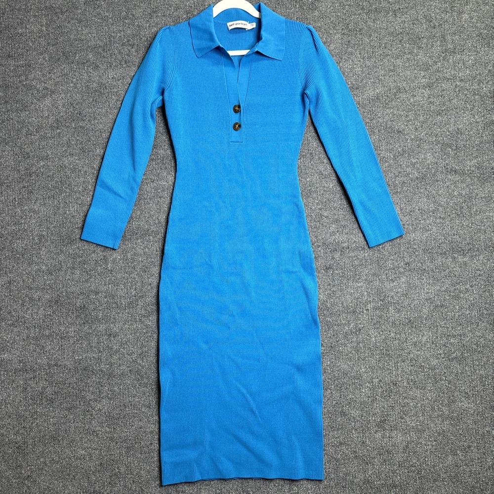 SELF-PORTRAIT Midi Bodycon Dress Women's Size Large Blue Ribbed Collared Button